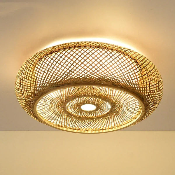 Handwoven Rattan Boho Flush Mount Ceiling Light