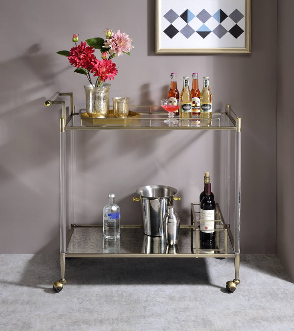Antique Mirror & Brass Wire Finish Serving Cart