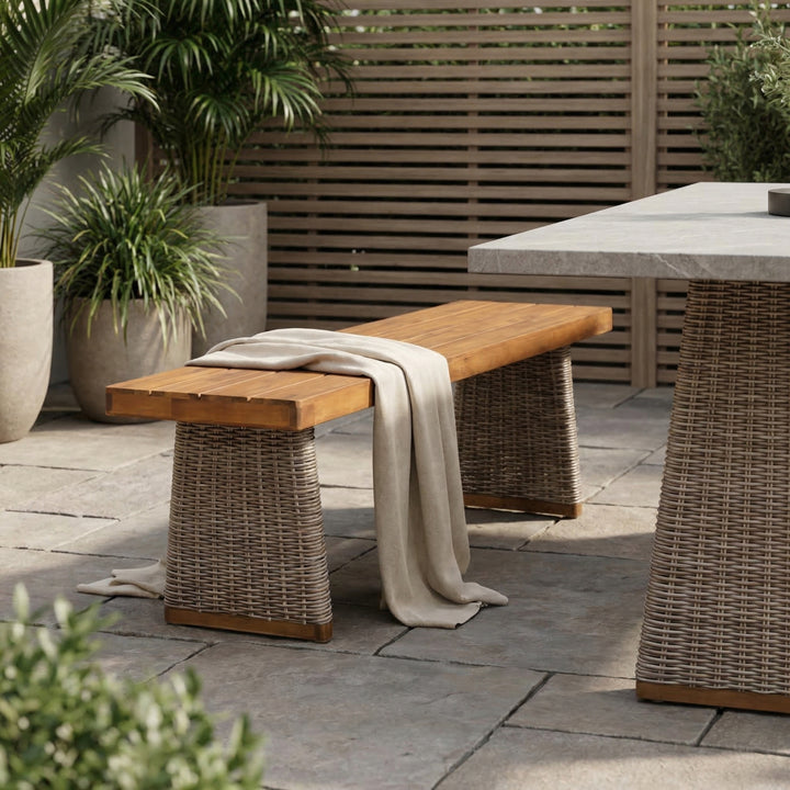Acacia Wood & Wicker Outdoor Bench, Teak Finish