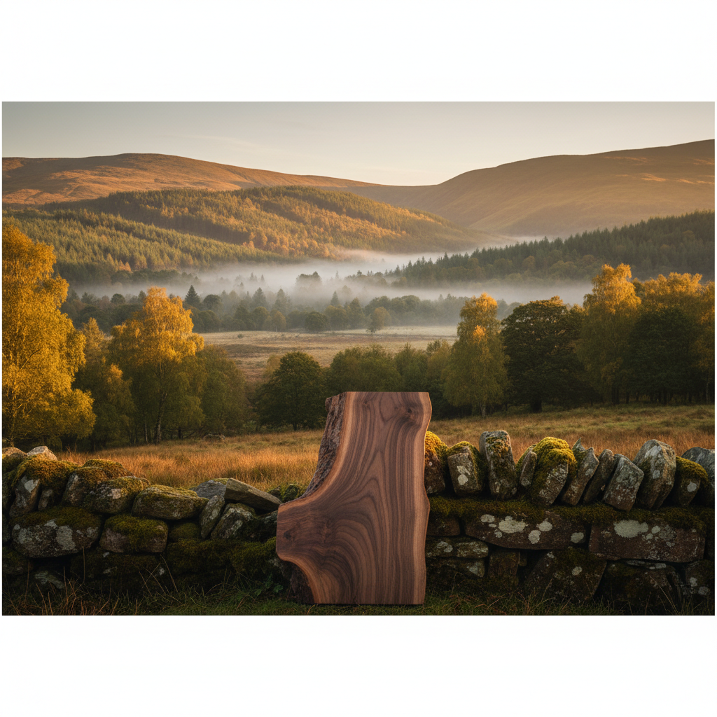 Ancient woodland in the Scottish Highlands at golden hour, walnut timber resting against mossy stone