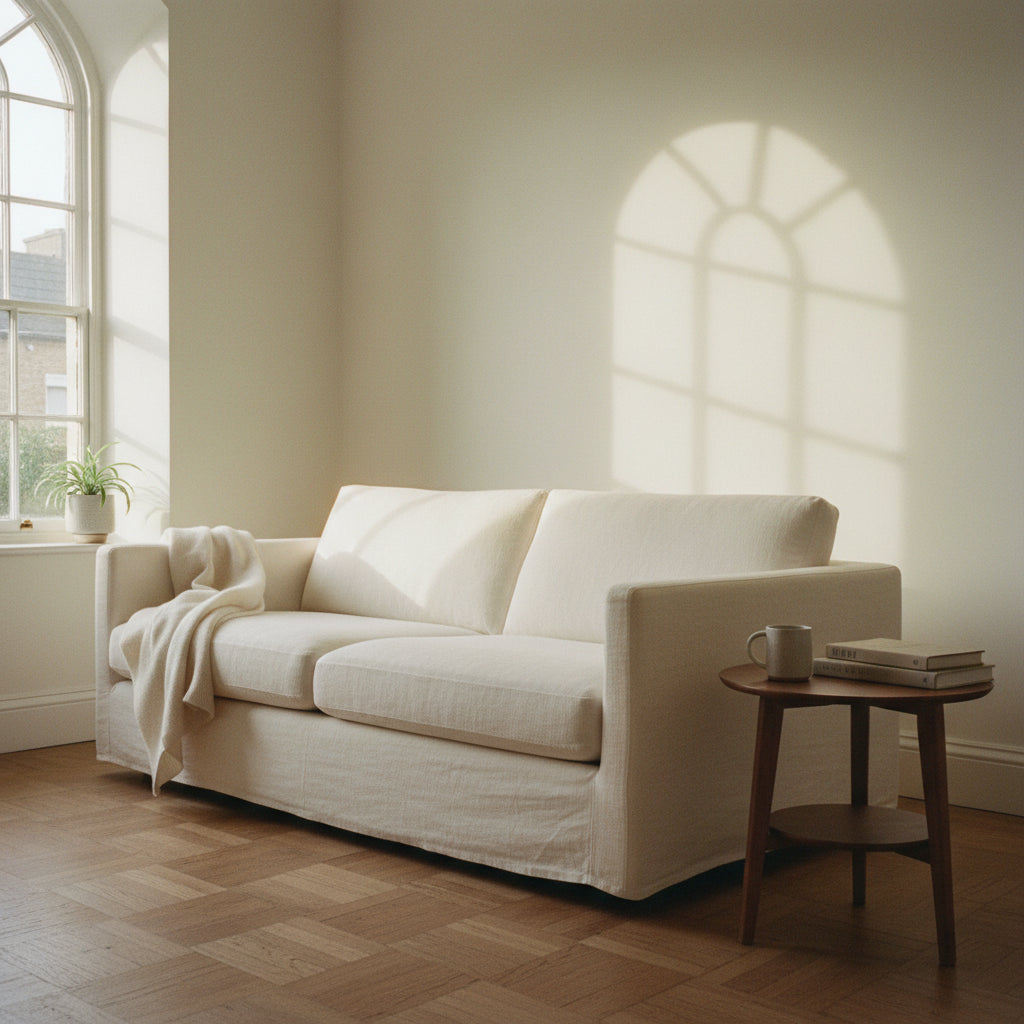 Cream linen sofa with wool throw and walnut side table in afternoon light