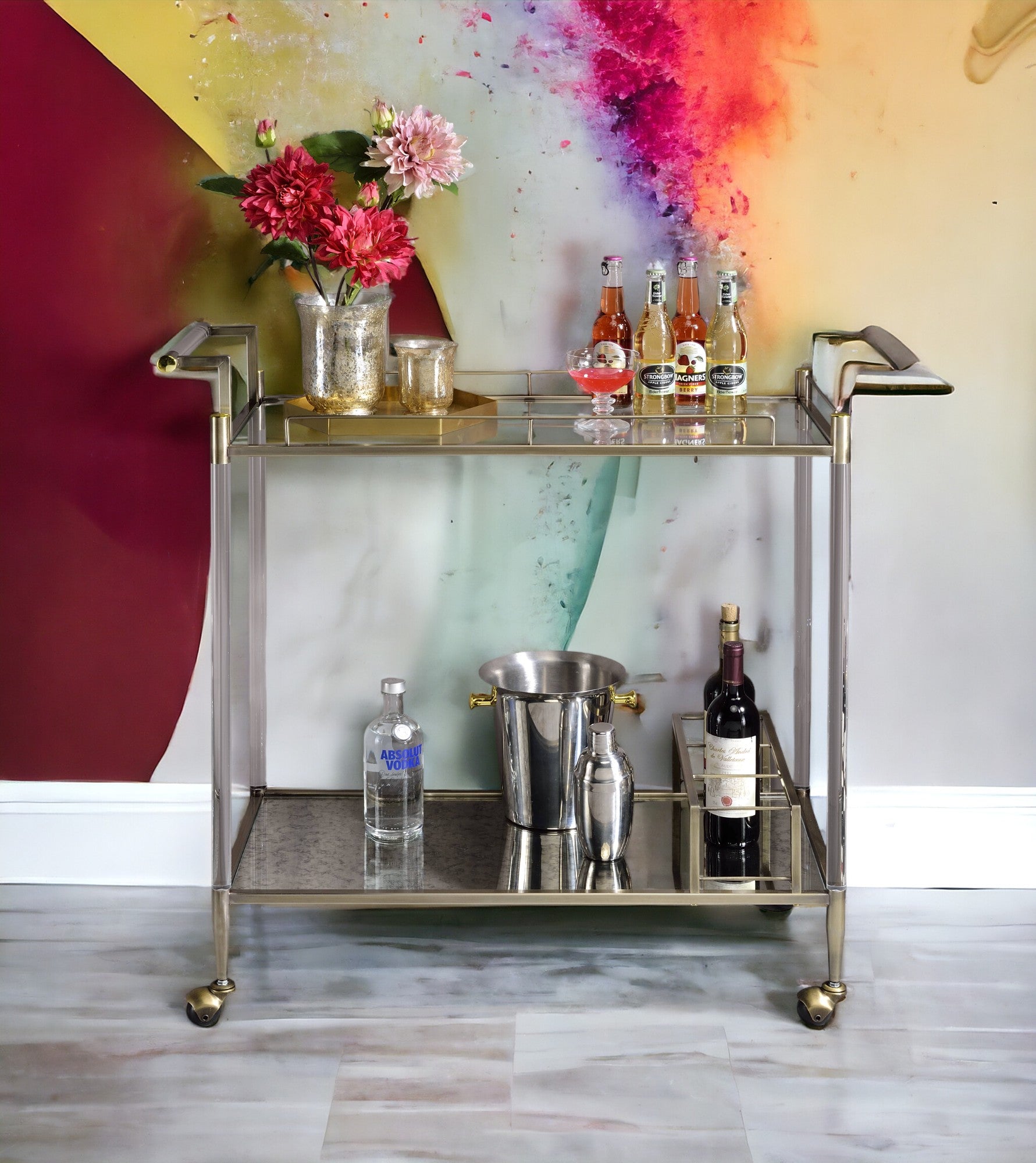 Antique Mirror & Brass Wire Finish Serving Cart