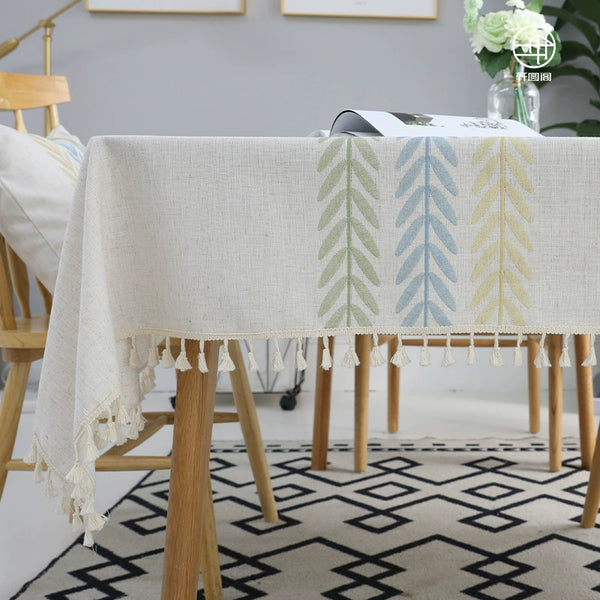 Cotton Linen Tablecloth with Tassel Edge Detail