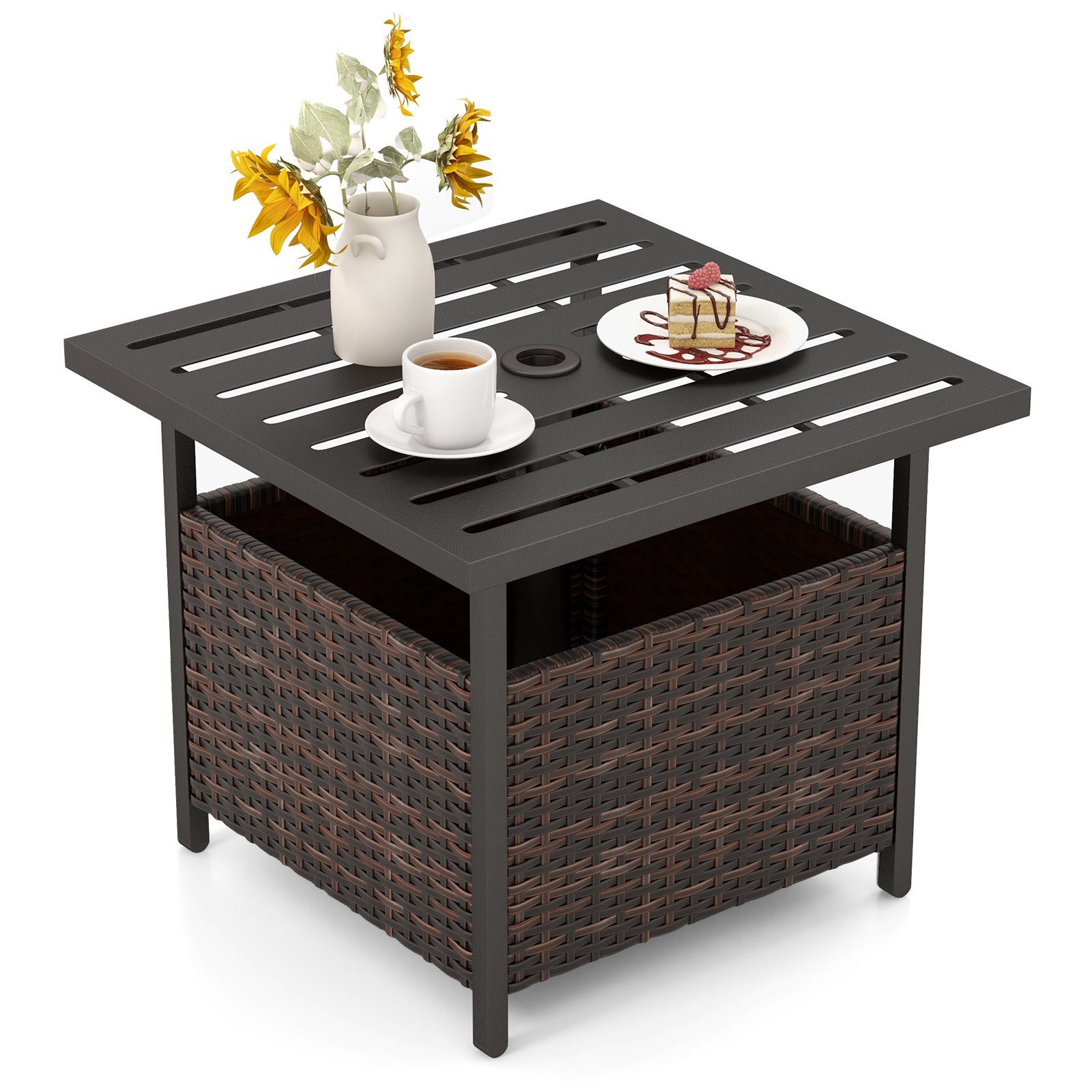 Woven Rattan Steel Side Table in Warm Brown