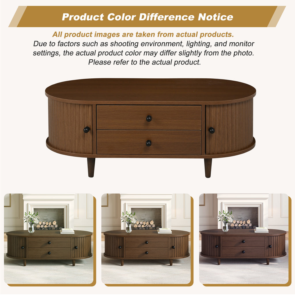 Oval Walnut Coffee Table With Sliding Door Storage