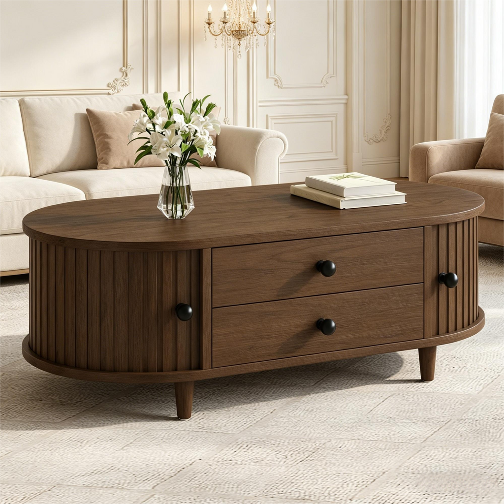 Oval Walnut Coffee Table With Sliding Door Storage