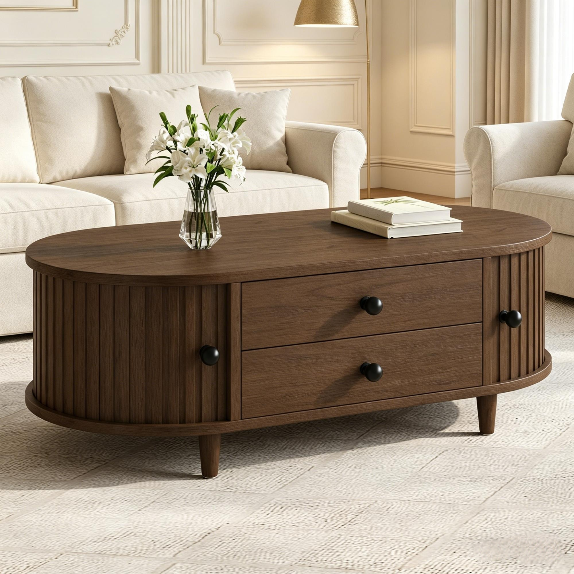Oval Walnut Coffee Table With Sliding Door Storage