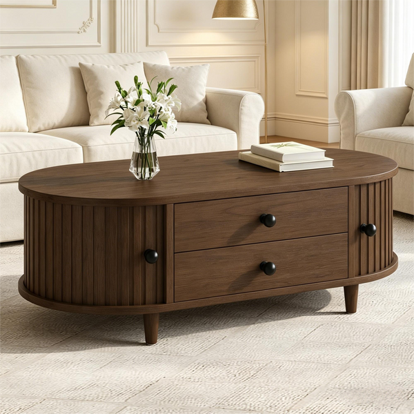 Oval Walnut Coffee Table With Sliding Door Storage