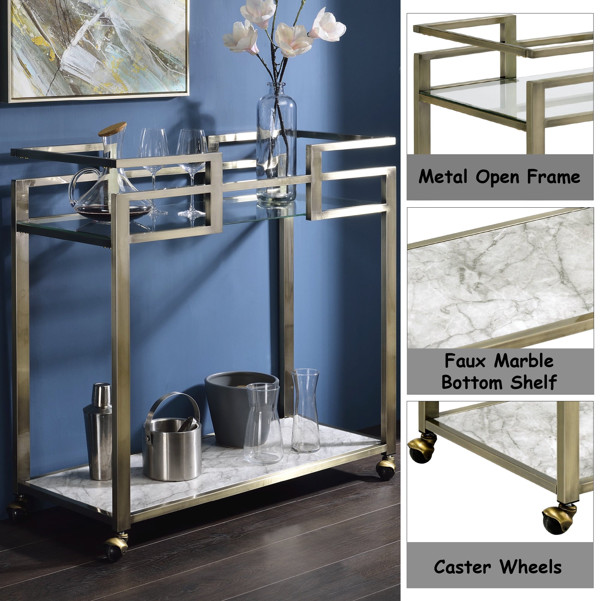 Faux Marble & Brass Wire Glass Serving Cart — view 2