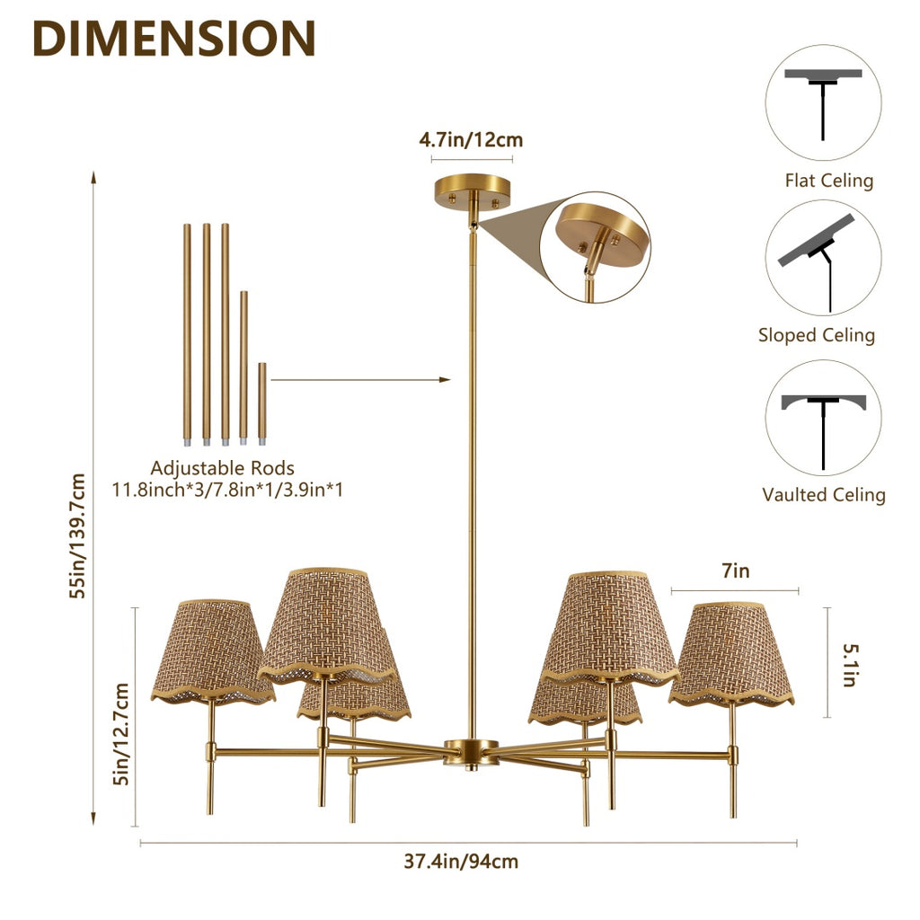 Six-Light Rattan Chandelier | Rustic Boho Pendant