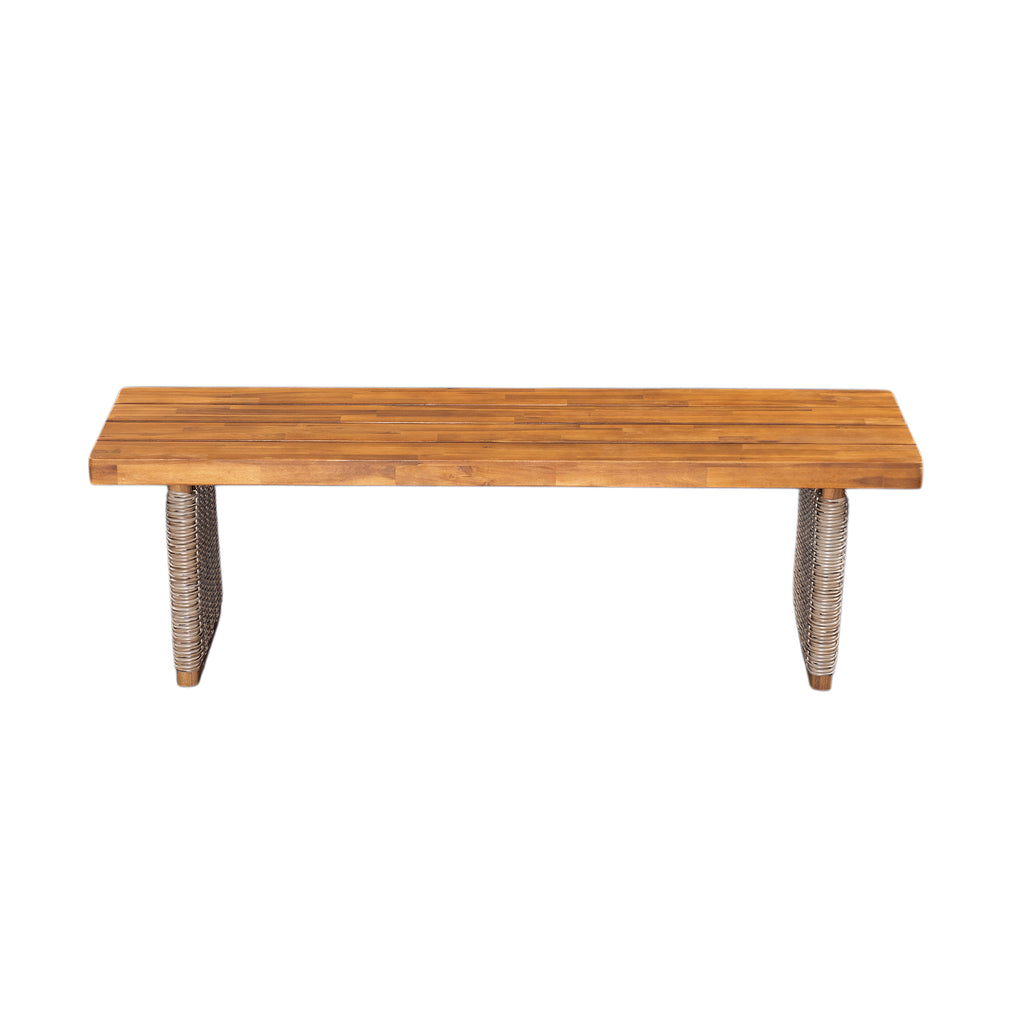 Acacia Wood & Wicker Outdoor Bench, Teak Finish — view 4