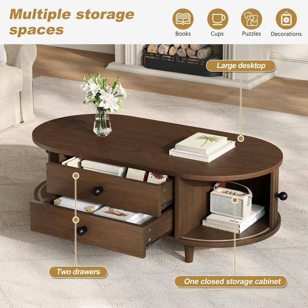 Oval Walnut Coffee Table With Sliding Door Storage
