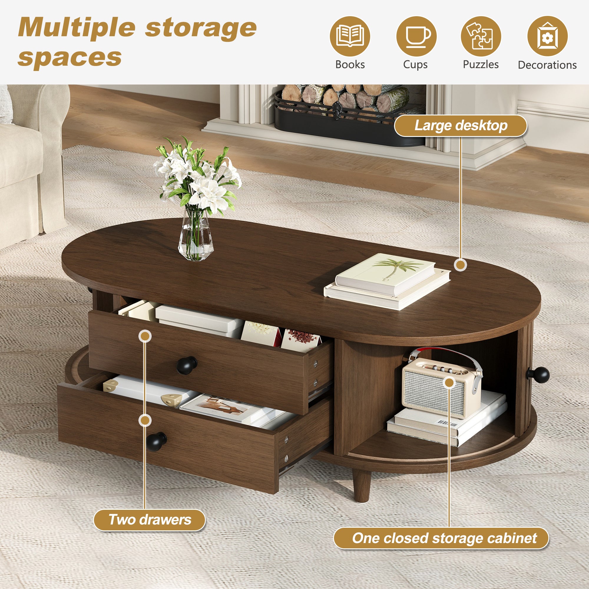 Oval Walnut Coffee Table With Sliding Door Storage