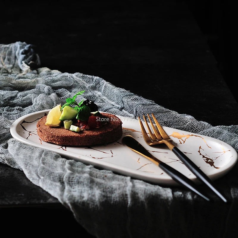 Nordic Marbled Ceramic Oval Serving Plate — view 2