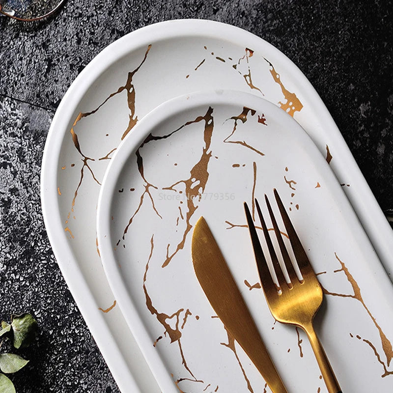 Nordic Marbled Ceramic Oval Serving Plate — view 5