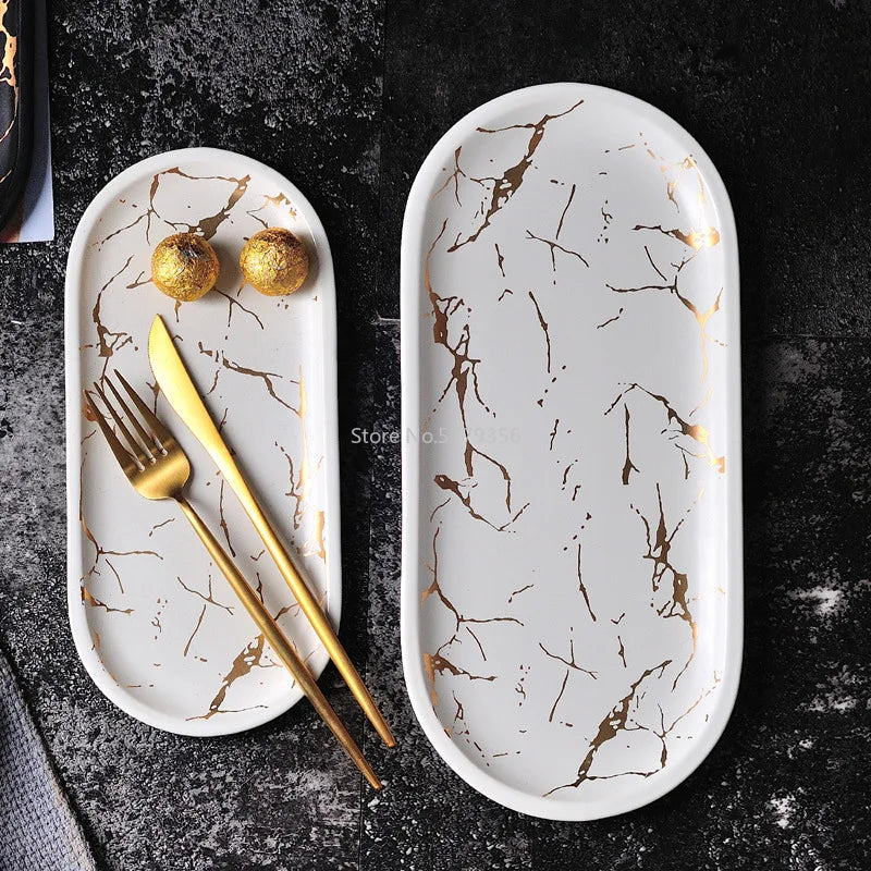 Nordic Marbled Ceramic Oval Serving Plate — view 4