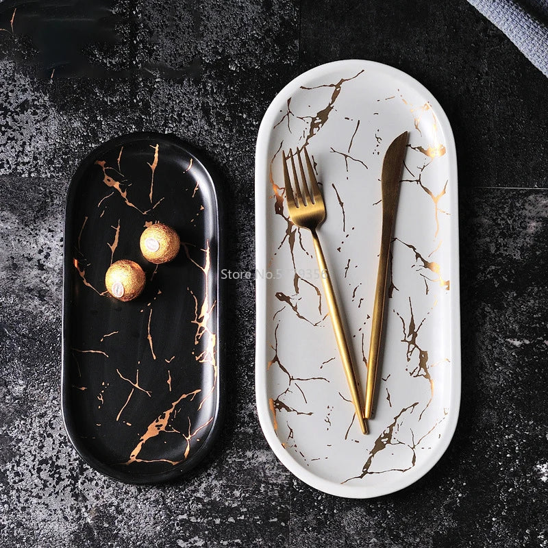 Nordic Marbled Ceramic Oval Serving Plate