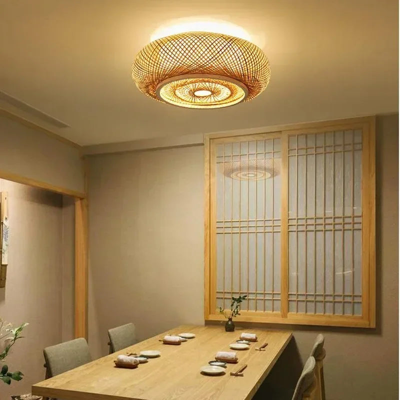 Handwoven Rattan Boho Flush Mount Ceiling Light — view 2