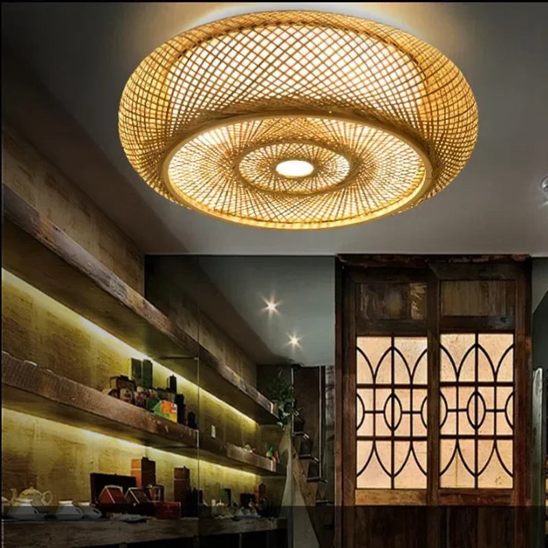 Handwoven Rattan Boho Flush Mount Ceiling Light — view 6