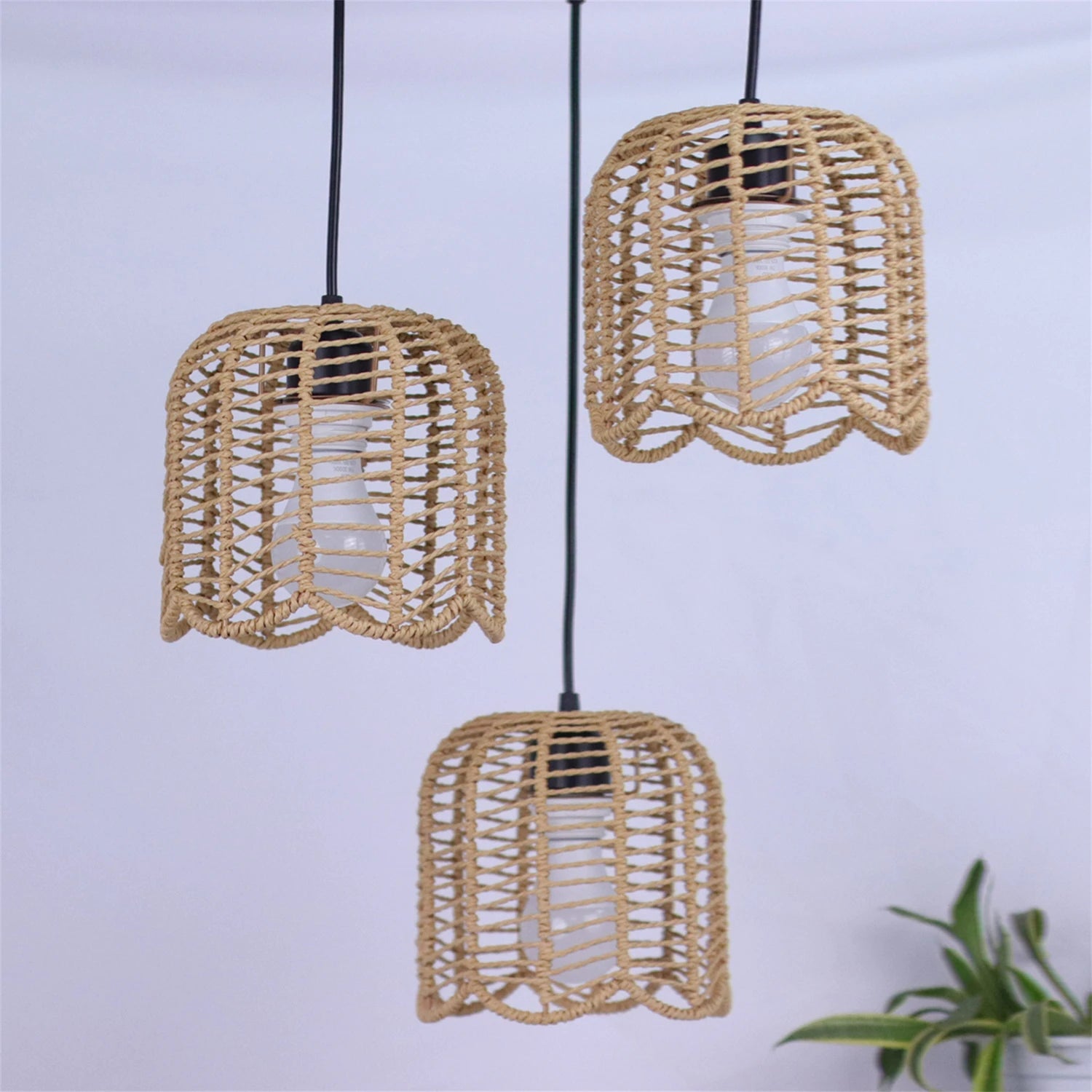 Woven Paper Rope Triple Pendant Chandelier — view 3