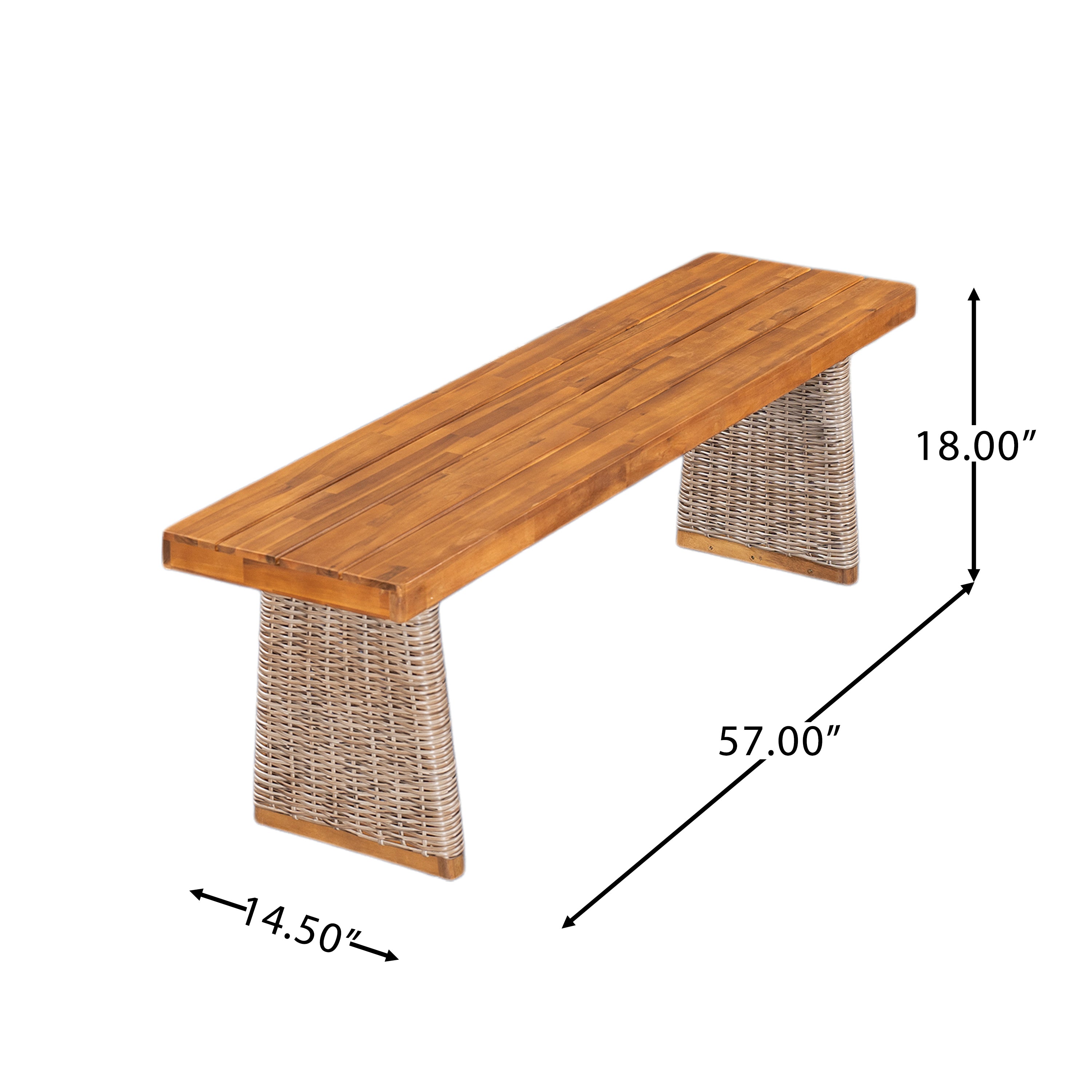 Acacia Wood & Wicker Outdoor Bench, Teak Finish — view 5