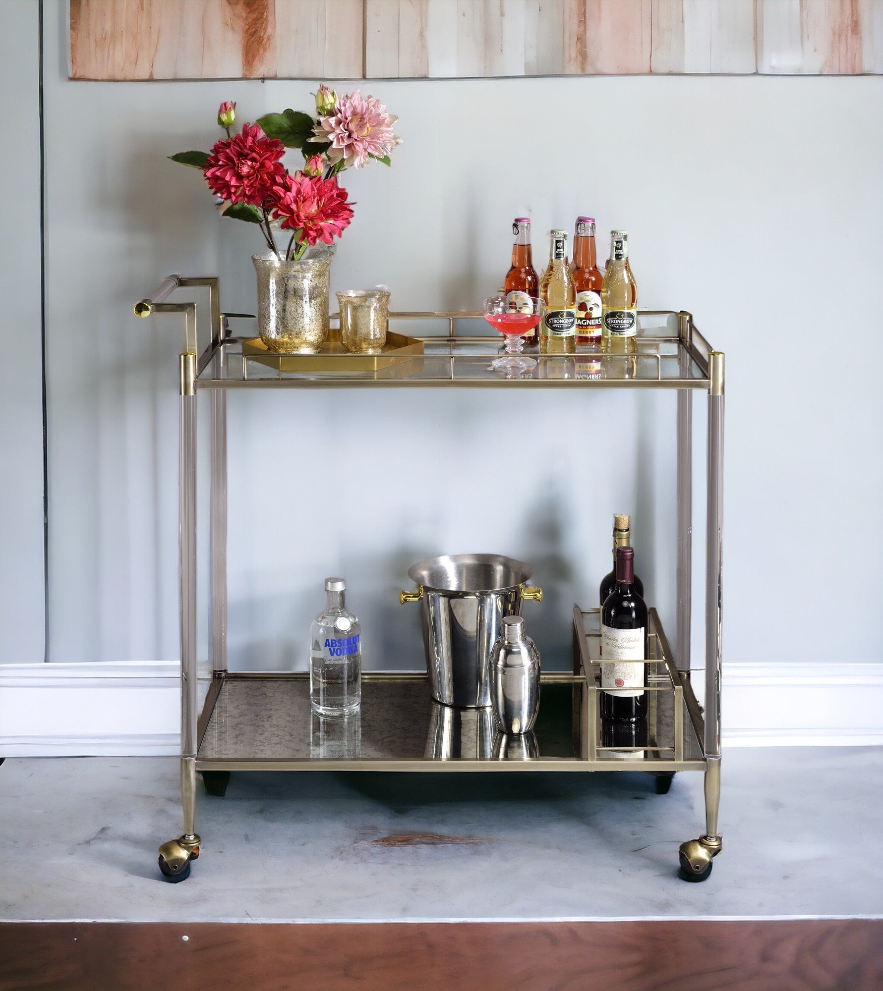 Antique Mirror & Brass Wire Finish Serving Cart