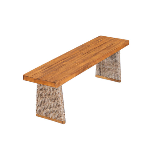 Acacia Wood & Wicker Outdoor Bench, Teak Finish — view 2