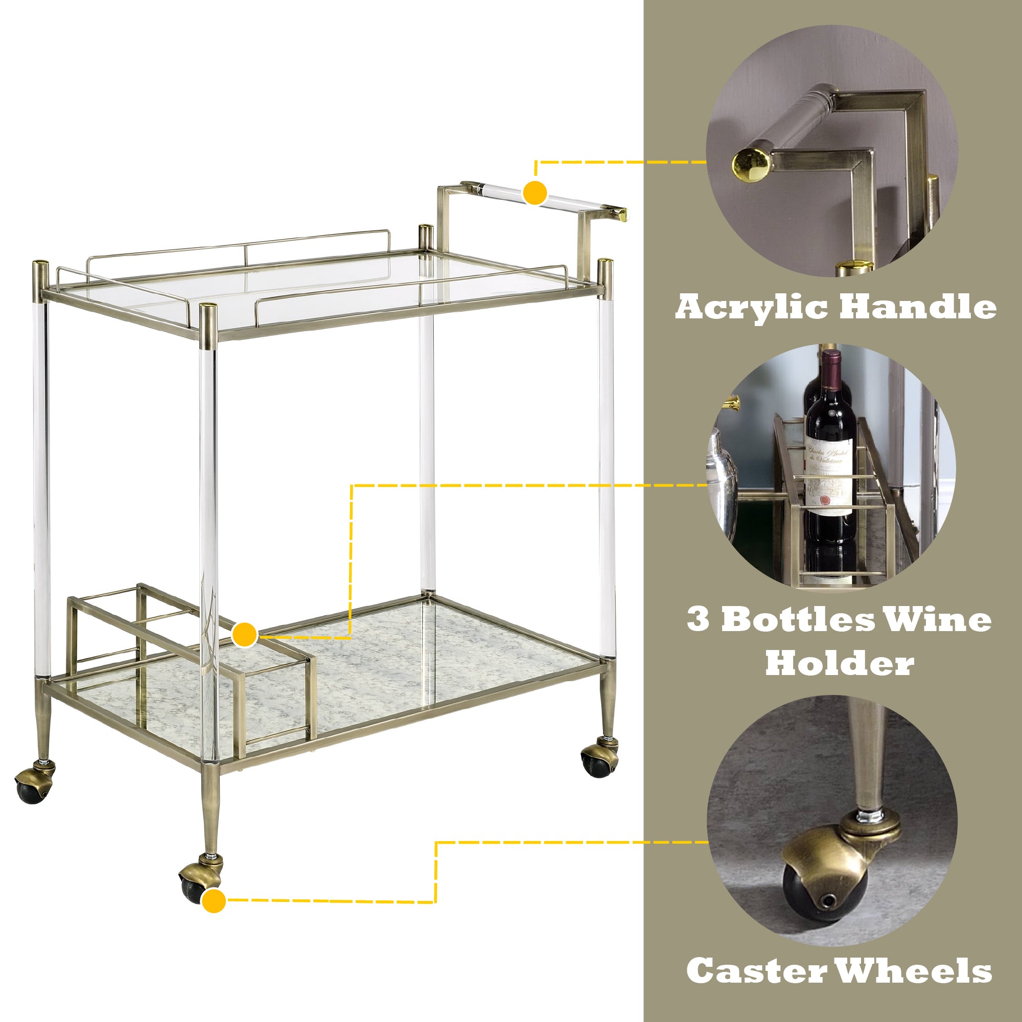 Antique Mirror & Brass Wire Finish Serving Cart