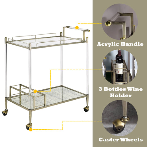 Antique Mirror & Brass Wire Finish Serving Cart