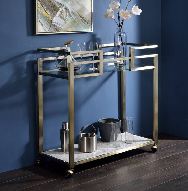 Faux Marble & Brass Wire Glass Serving Cart