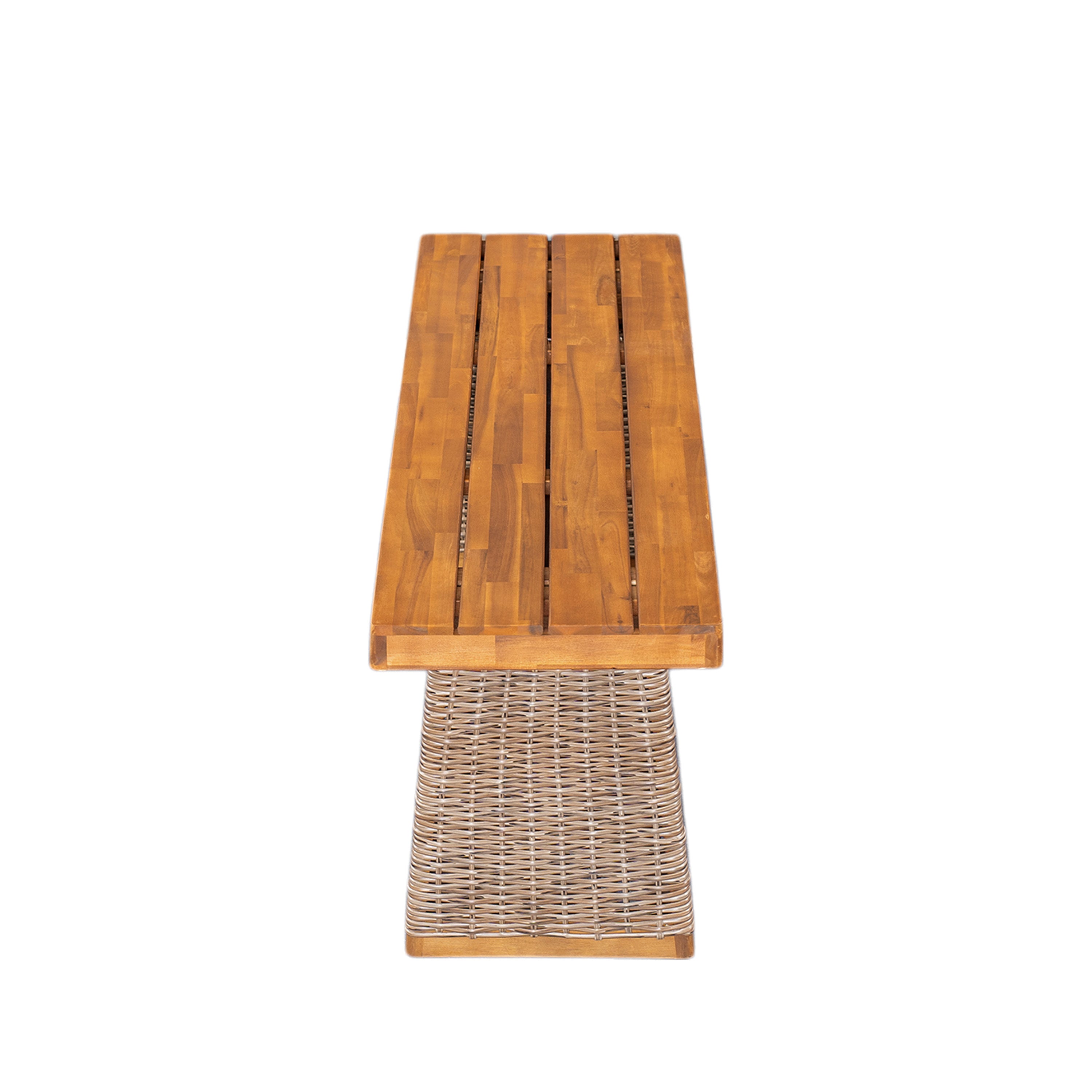 Acacia Wood & Wicker Outdoor Bench, Teak Finish — view 3