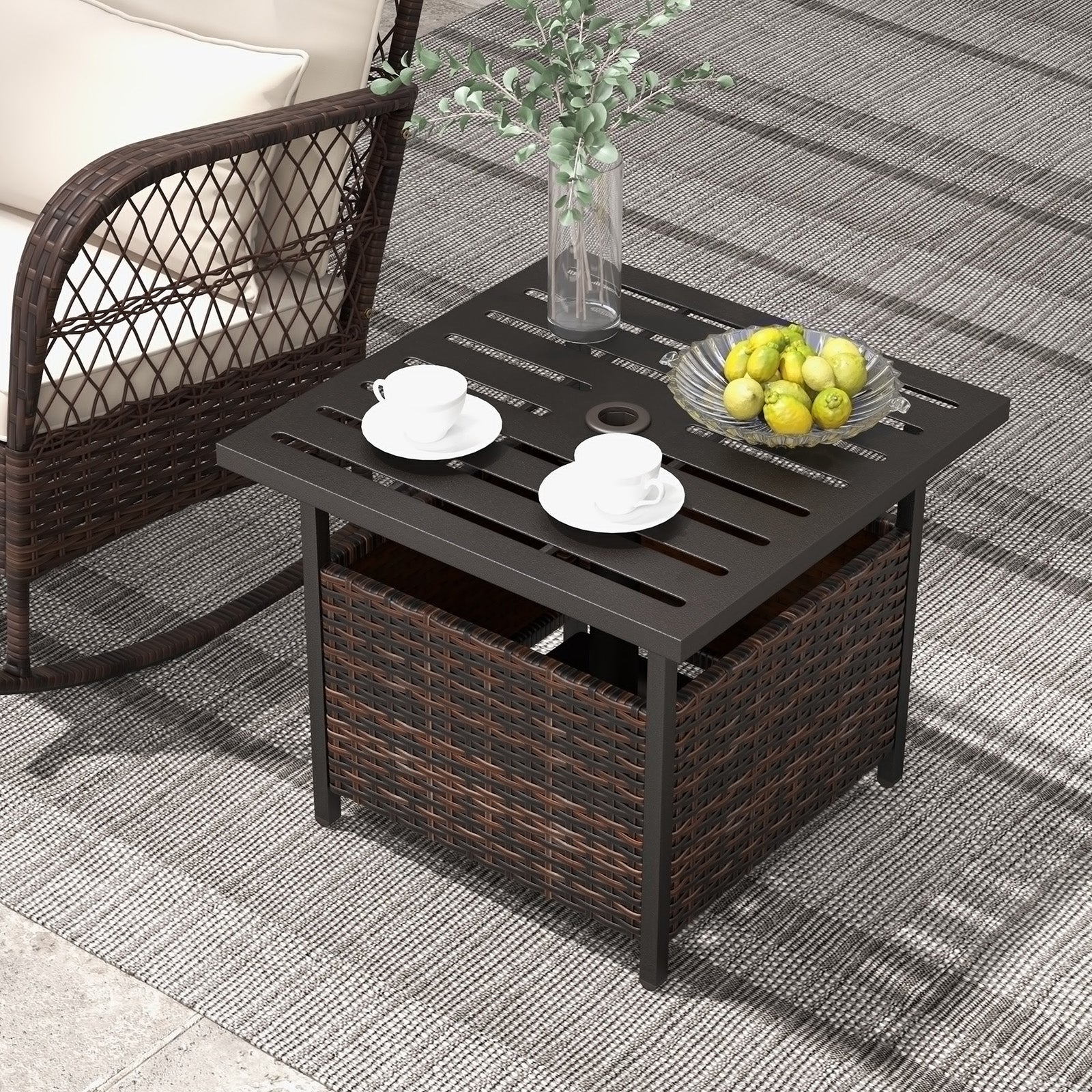 Woven Rattan Steel Side Table in Warm Brown