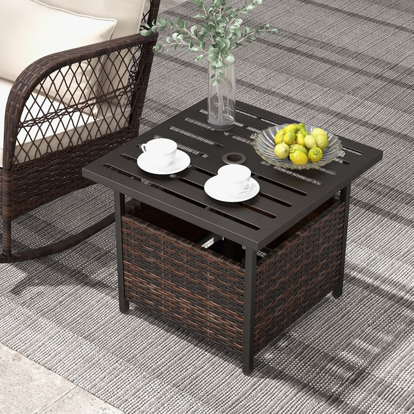 Woven Rattan Steel Side Table in Warm Brown