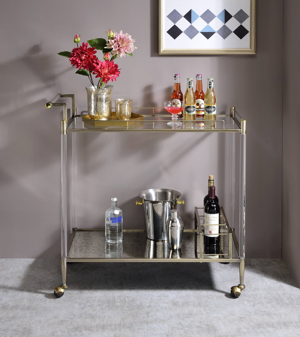 Antique Mirror & Brass Wire Finish Serving Cart