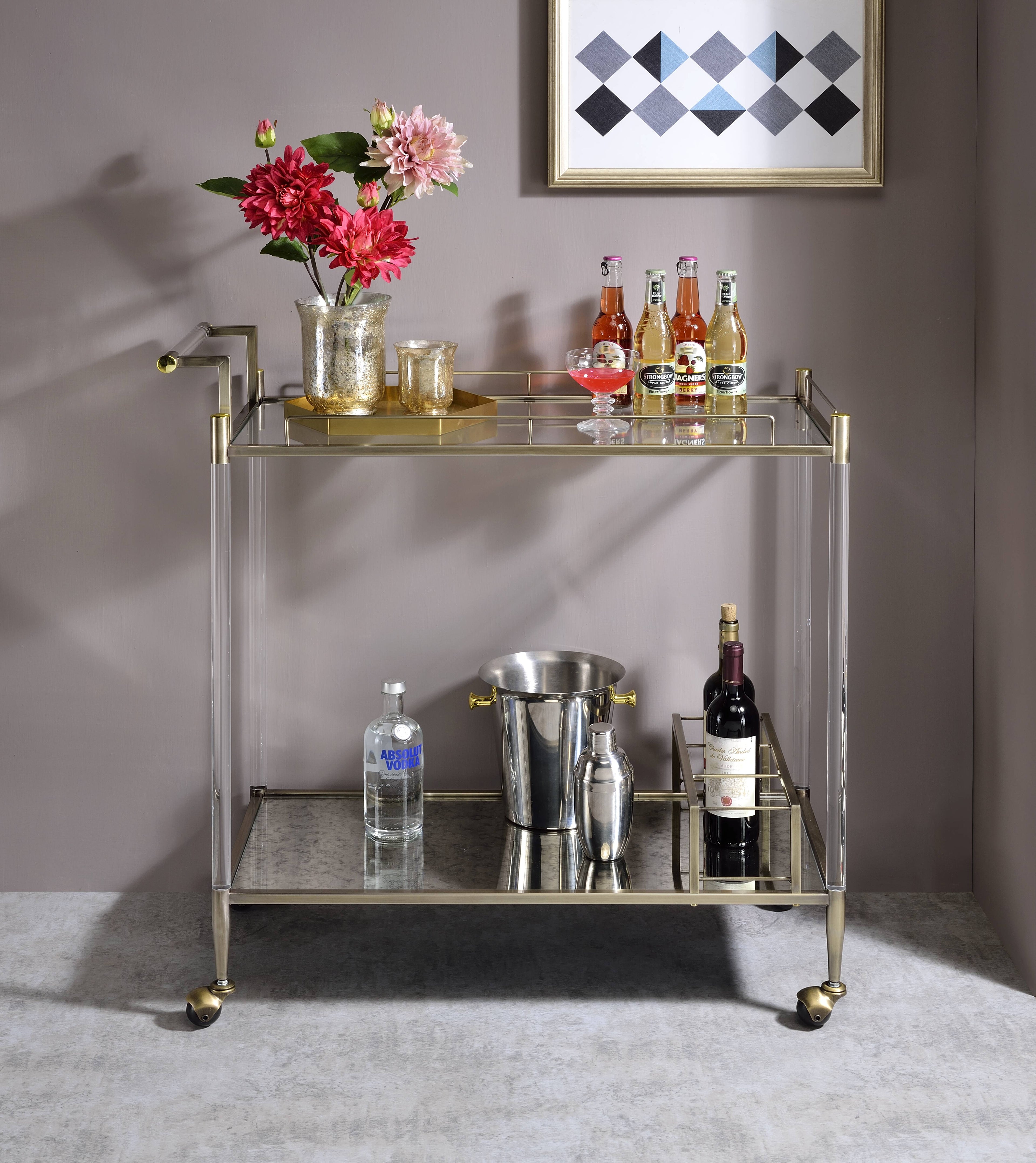 Antique Mirror & Brass Wire Finish Serving Cart