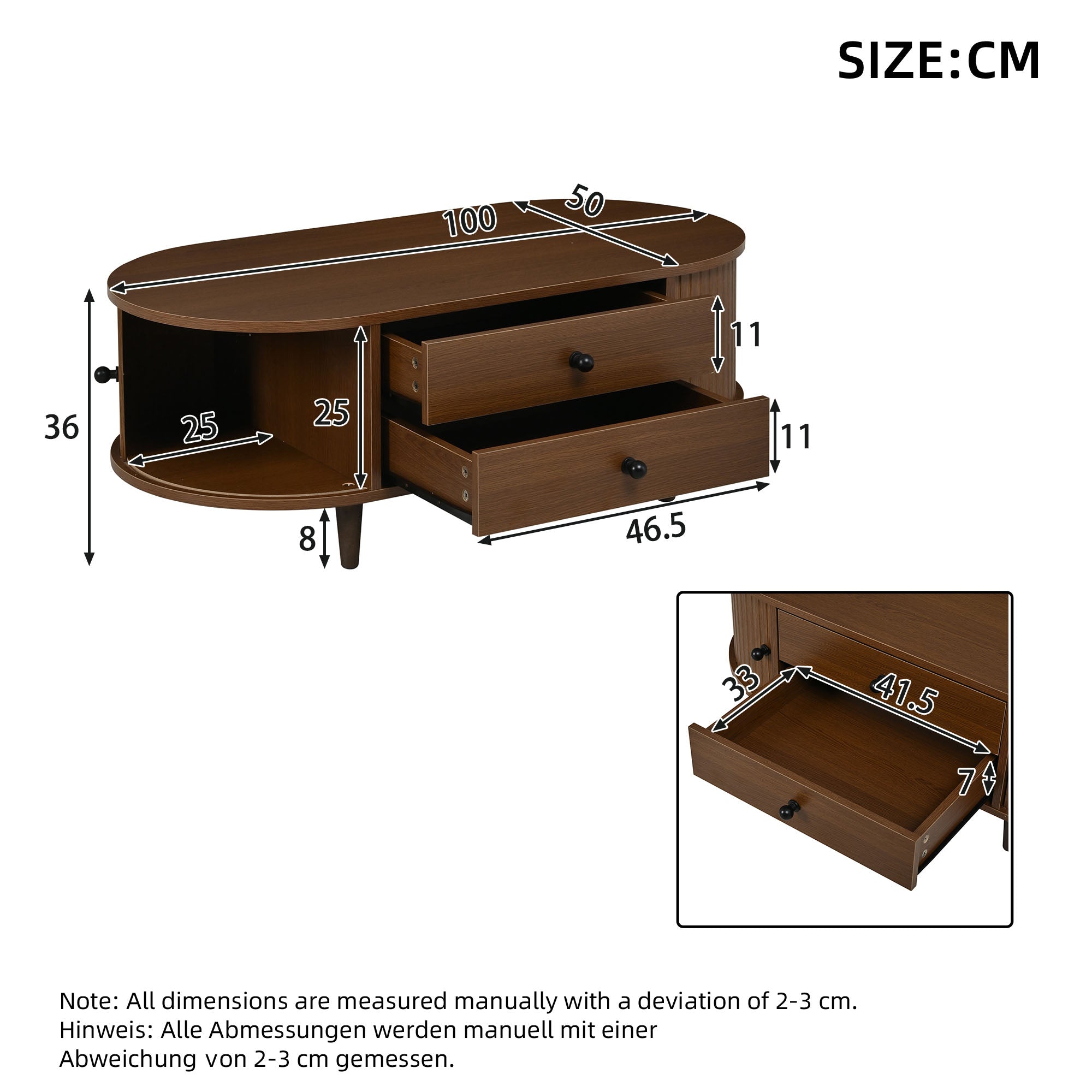 Oval Walnut Coffee Table With Sliding Door Storage