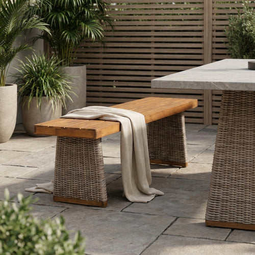 Acacia Wood & Wicker Outdoor Bench, Teak Finish
